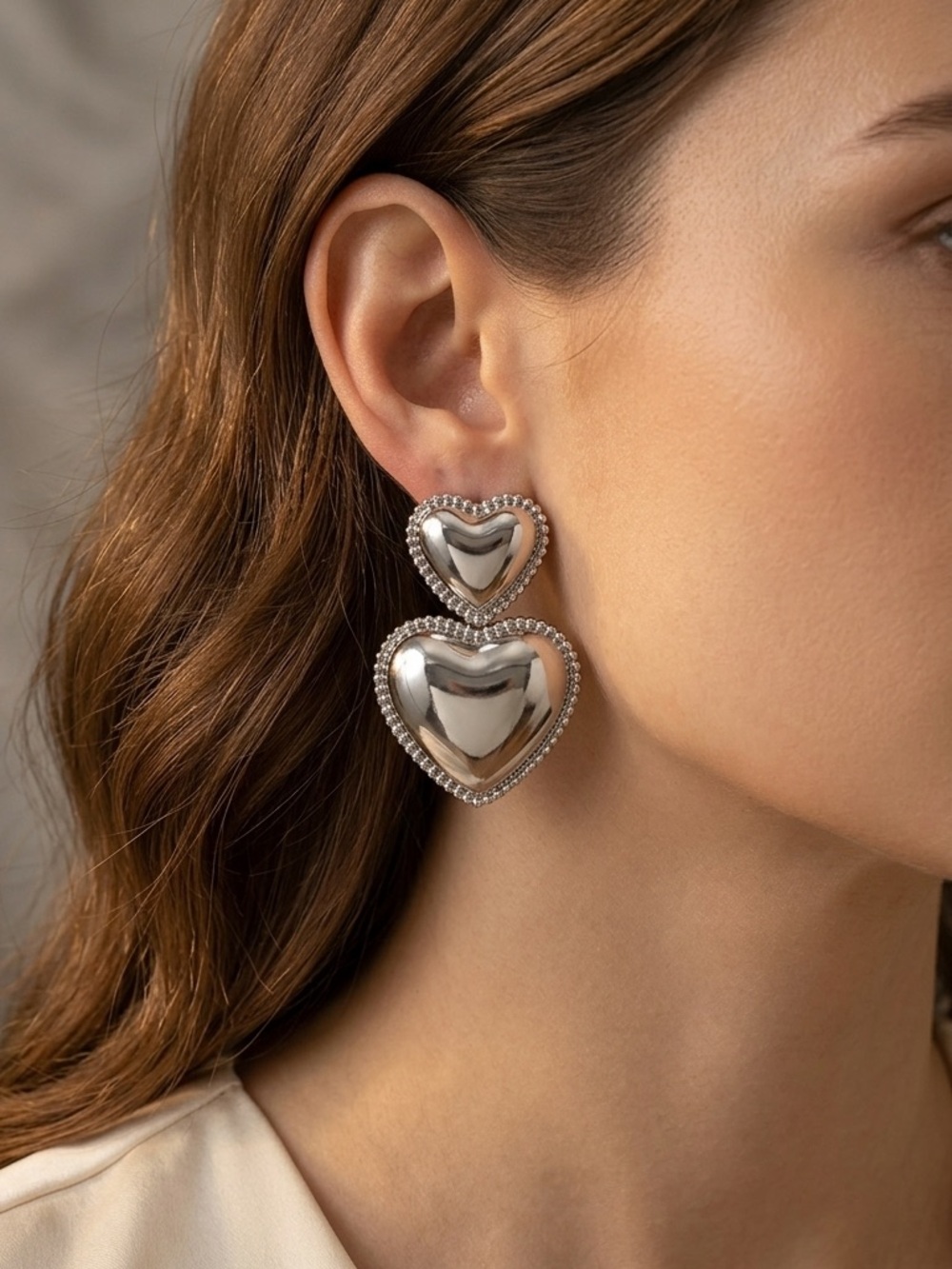 Silver Heart Drop Earrings - Double Heart Statement